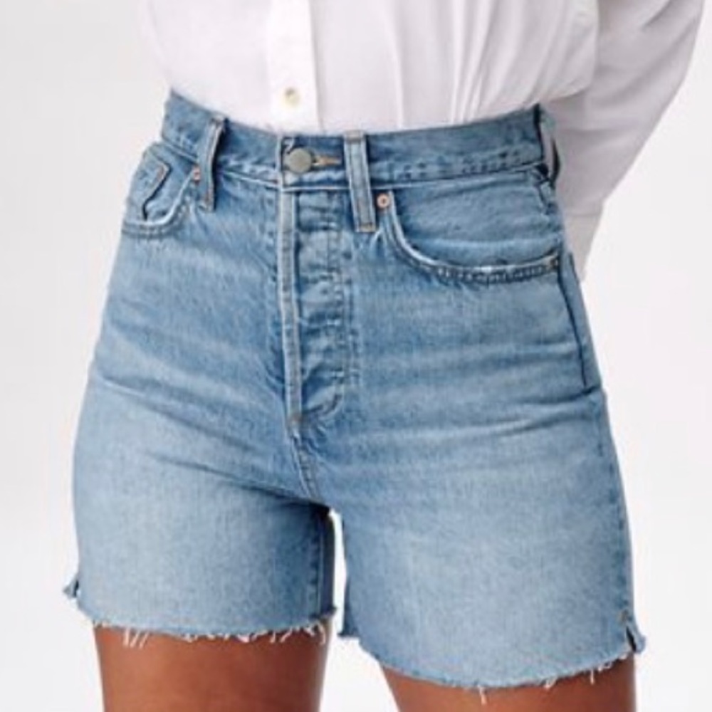 ARITZIA denim forum Yoko mid thigh high waisted shorts